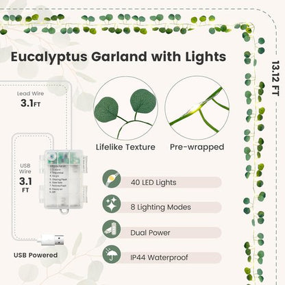 Eucalyptus Garland with 40 LED Fairy Lights - Lighted Greenery Vine with Remote & Timer, IP44 for Home Decor