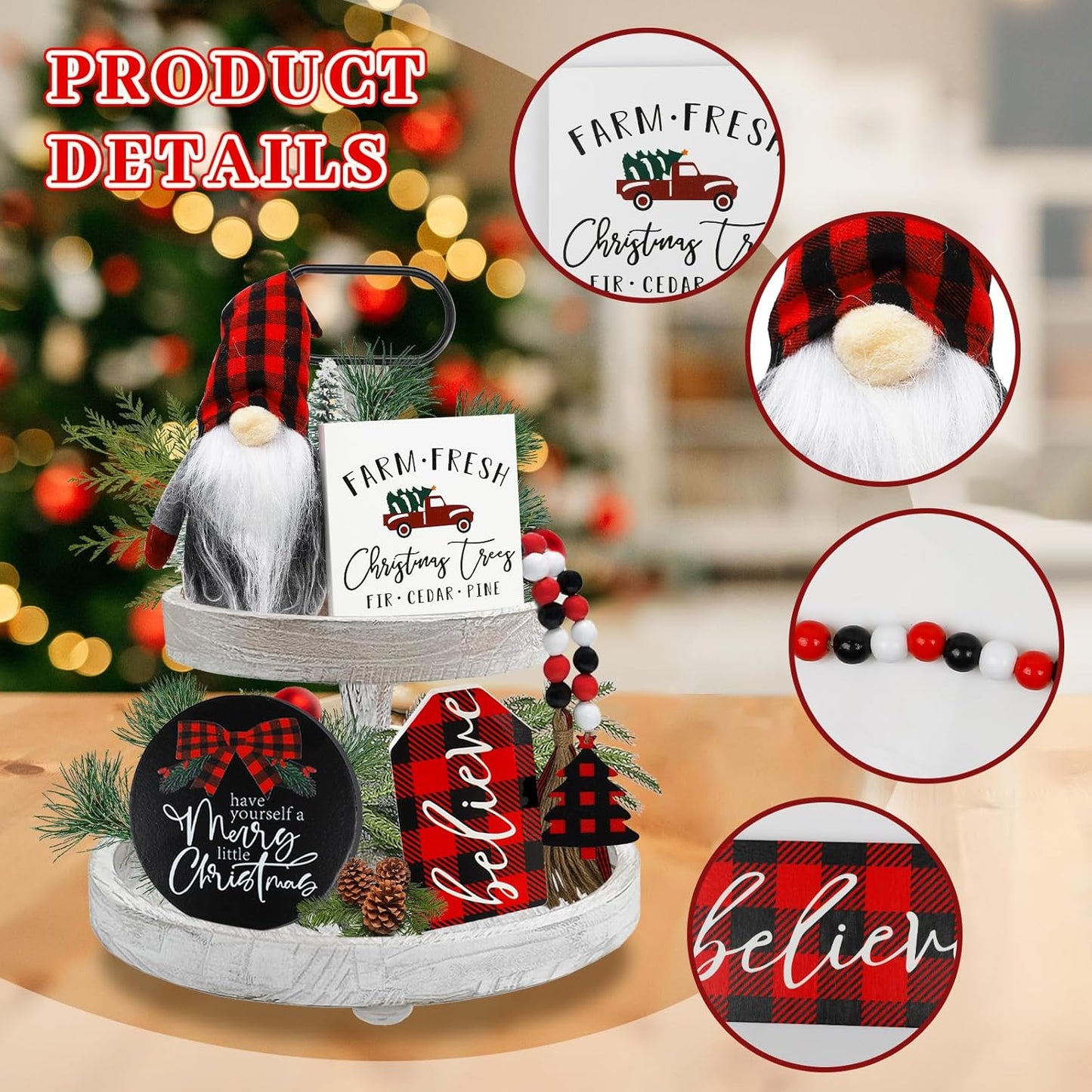 Skiennix Christmas Decorations - Wooden Gnome Signs & Plush Bead Garland Set for Winter Home Decor