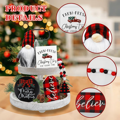 Skiennix Christmas Decorations - Wooden Gnome Signs & Plush Bead Garland Set for Winter Home Decor