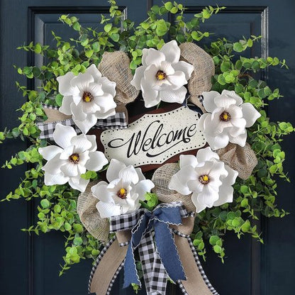 Artificial Magnolia & Eucalyptus Wreath - 24" White Flower Decor with Welcome Sign for Year-Round Home Entryway