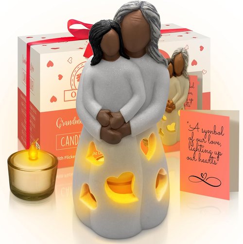 Grandma-Granddaughter Hand-Painted Candle Holder Statue - Flickering LED Candle | Unique Gift for Nana & Gigi (Dark)