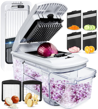 Fullstar All-in-1 Vegetable Chopper, Mandoline Slicer & Cheese Grater - French Fry Cutter & Veggie Dicer - Includes Bonus Handheld Spiralizer - Cook's Tool & Gadget Sets (4 in 1, Black/White)