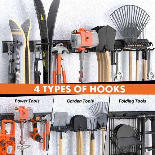 Garage Tool Organizer by [Brand Name] - 48” Heavy-Duty Metal Storage Rack | Adjustable Hooks for Rakes, Brooms & More