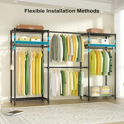 Ulif E1 Heavy Duty Closet Garment Rack - 6-Tier Adjustable Metal Storage | Expandable Wardrobe, Black, 71.4" H x 70"-88.2" L x 14" D
