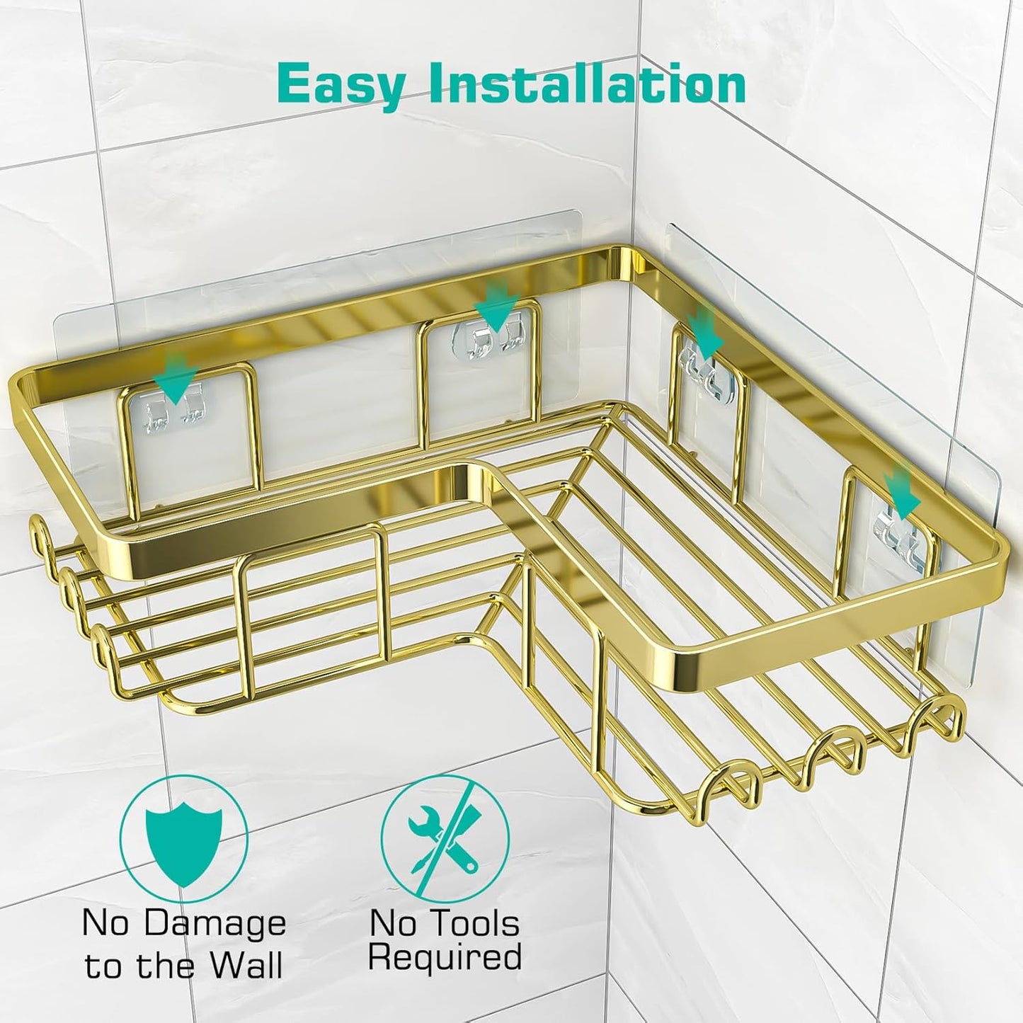 YASONIC Corner Shower Caddy - 3-Pack Adhesive Bathroom Organizer with Soap Holder & Hooks | Rustproof Stainless Steel, Gold
