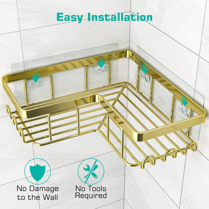 YASONIC Corner Shower Caddy - 3-Pack Adhesive Bathroom Organizer with Soap Holder & Hooks | Rustproof Stainless Steel, Gold