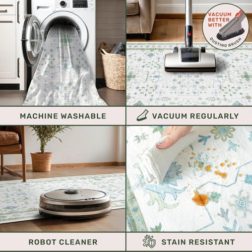 Hazo Haus Boho Bathroom Runner - Cream Green Oushak Floral Turkish | Washable Non-Slip Accent Rug 2x7