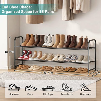AOODA Long 2 Tier Shoe Rack for Closet Metal Wide Stackable Shoe Storage Organizer for Entryway, Bedroom, Floor, 18-Pairs Low Shoe Shelf, Black