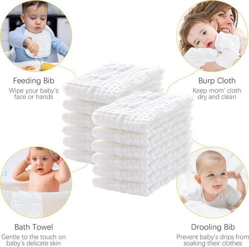 Lovely Care Muslin Burp Cloths - 12 Pack of Extra Soft, Absorbent 100% Cotton Cloths | Large 20''x10'' - White