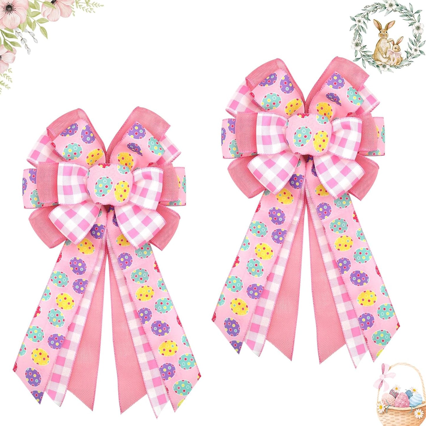 Montekin Large Easter Bows - Pre-Tied Wired Ribbon Bow for Wreaths | 20x11 Inch, 2 Pack in Pink
