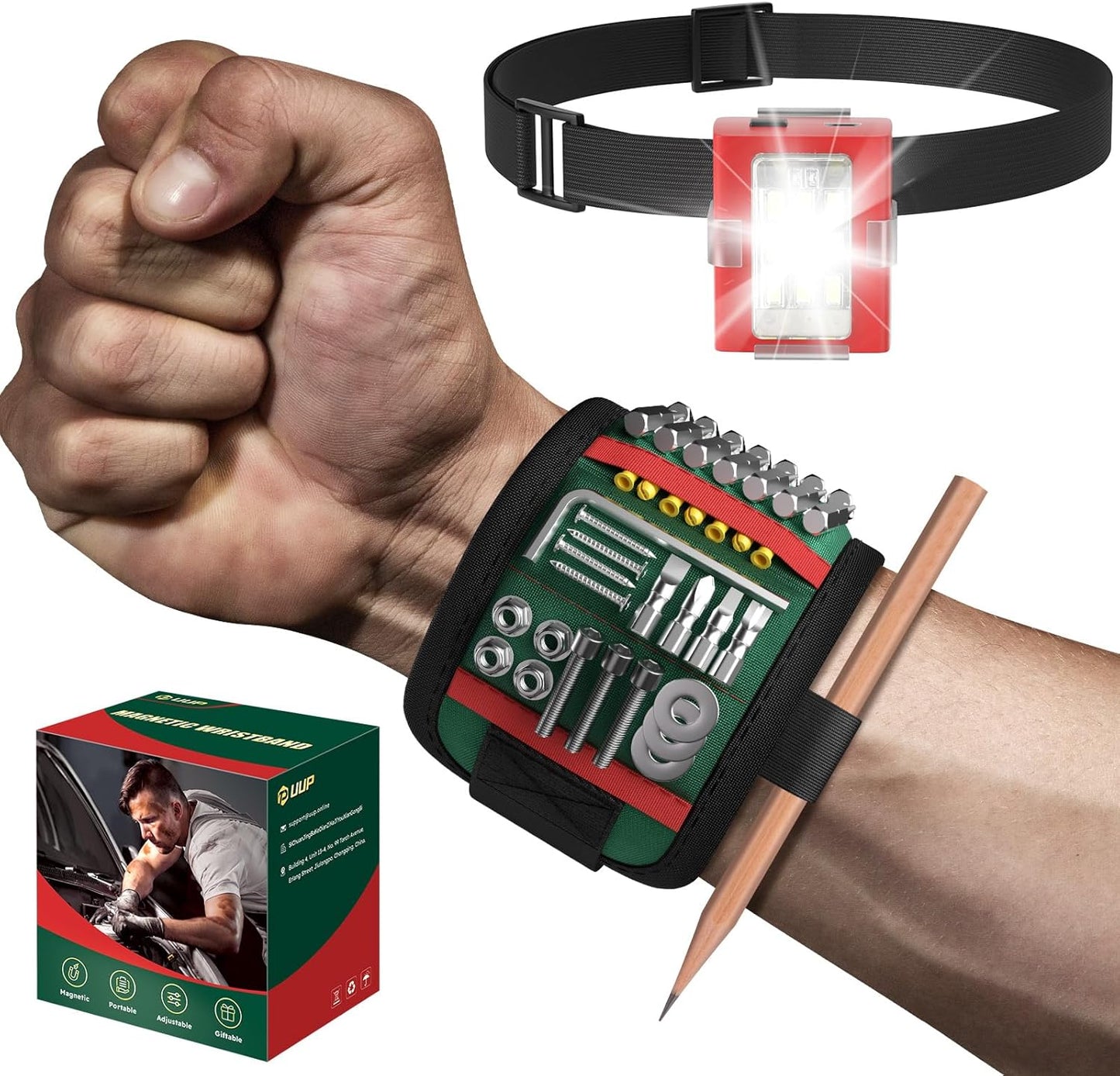 UUP Magnetic Wrist Band - LED Light Tool Holder for Screws & Nails | Adjustable Gift for Men, Dad, Mechanic