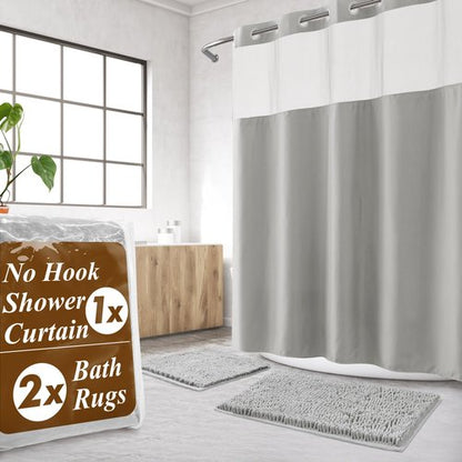Barossa Design No Hook Shower Curtain Sets with Rugs - Gray Bathroom Rugs Sets 2 Piece and Snap in Liner Bathroom Curtains, Light Grey