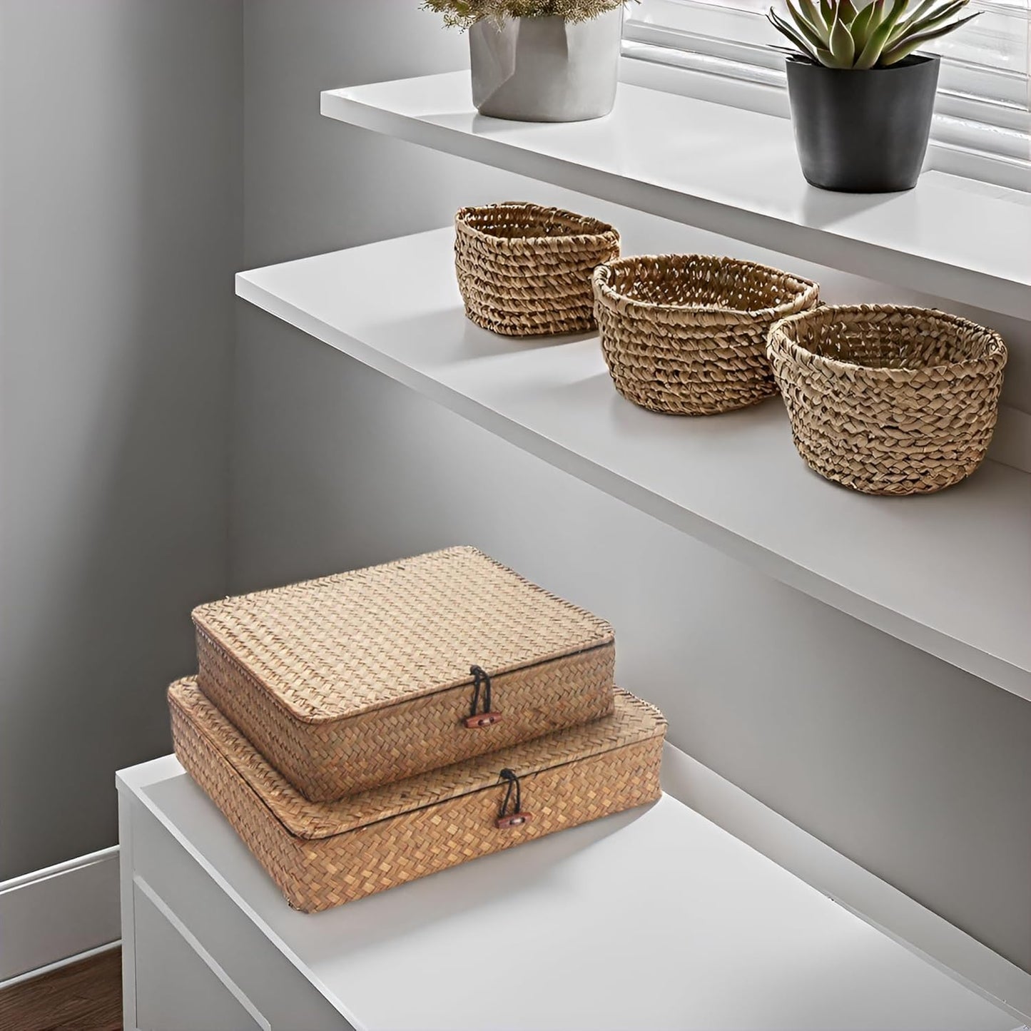 Seagrass Storage Baskets - Decorative Wicker Baskets with Lid for Organized Shelving | Shallow Design