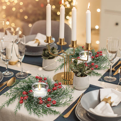 Regine Switzerland Christmas Candle Rings - 10 Pcs Red Berry & Snowy Pine Garland | Festive Table Centerpiece