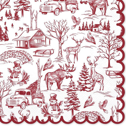 Christmas Napkins 50 Ct 3-Ply Red Toile Village 6.5" Disposable Dinner Napkins