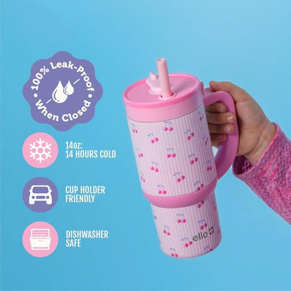 Ello Oasis 14oz Stainless Steel Tumbler - Stylish Preppy Cherries Design for On-the-Go Enjoyment