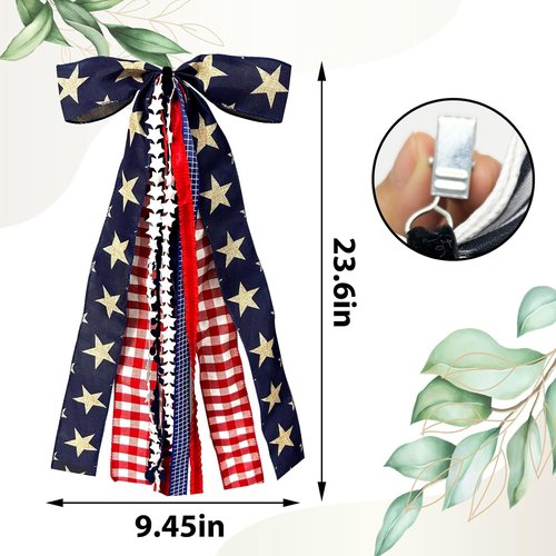 Large Patriotic Star Ribbon Bow by [Brand Name] - Red White Buffalo Plaid Fabric Ribbons Set for 4th of July Decor