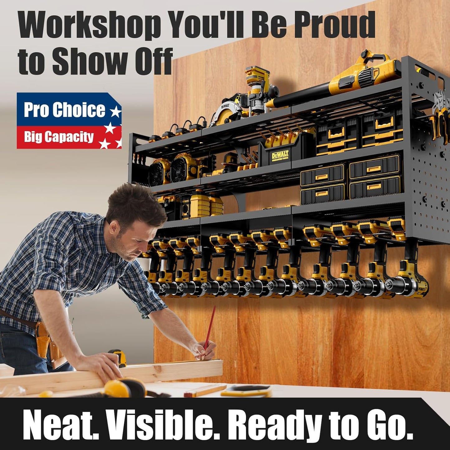 Power Tool Organizer Wall Mount - 8-Outlet Charging Station & Heavy Duty Metal Shelf for Garage Storage