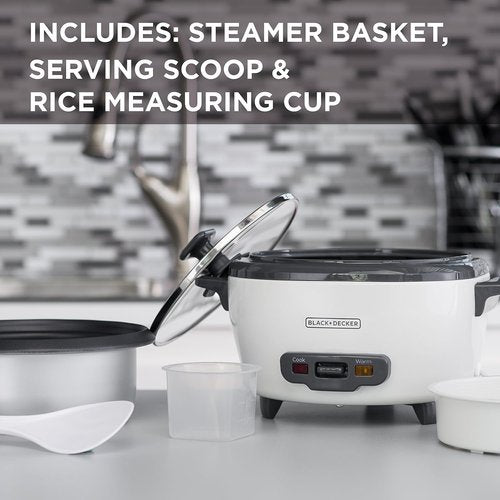 BLACK+DECKER 6-Cup Rice Cooker - Removable Non-Stick Bowl & Steaming Basket, White Finish