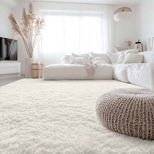 OLANLY Large Area Rug - Soft Fluffy Shaggy Indoor Carpet for Living Room & Bedroom | Ivory 8x8 ft