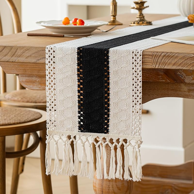 Shadow Black 12x90 In. Farmhouse Table Runner - Boho Bohemian Silk Polyester Cotton, 90" Long
