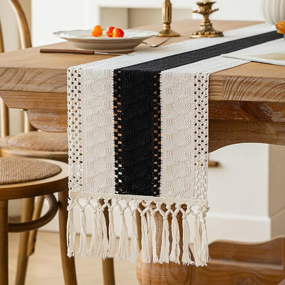 Shadow Black 12x90 In. Farmhouse Table Runner - Boho Bohemian Silk Polyester Cotton, 90" Long