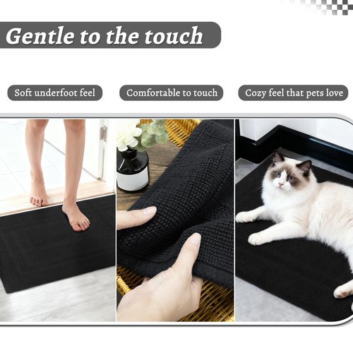 Mrs Awesome Soft 100% Cotton Bath Mat with Hot-melt Non-Slip Backing, 20" x 32" Comfortable & Absorbent Washable Textured Woven Rug for Bathroom, Black