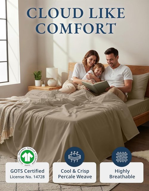 LANE LINEN 100% Organic Cotton Sheets Set - Pure Long-Staple Percale Weave | Queen Size, Taupe, Fits Mattresses Up to 15" Deep