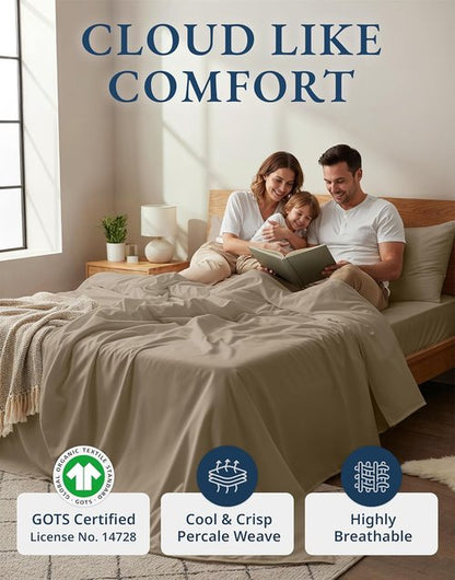 LANE LINEN 100% Organic Cotton Sheets Set - Pure Long-Staple Percale Weave | Queen Size, Taupe, Fits Mattresses Up to 15" Deep
