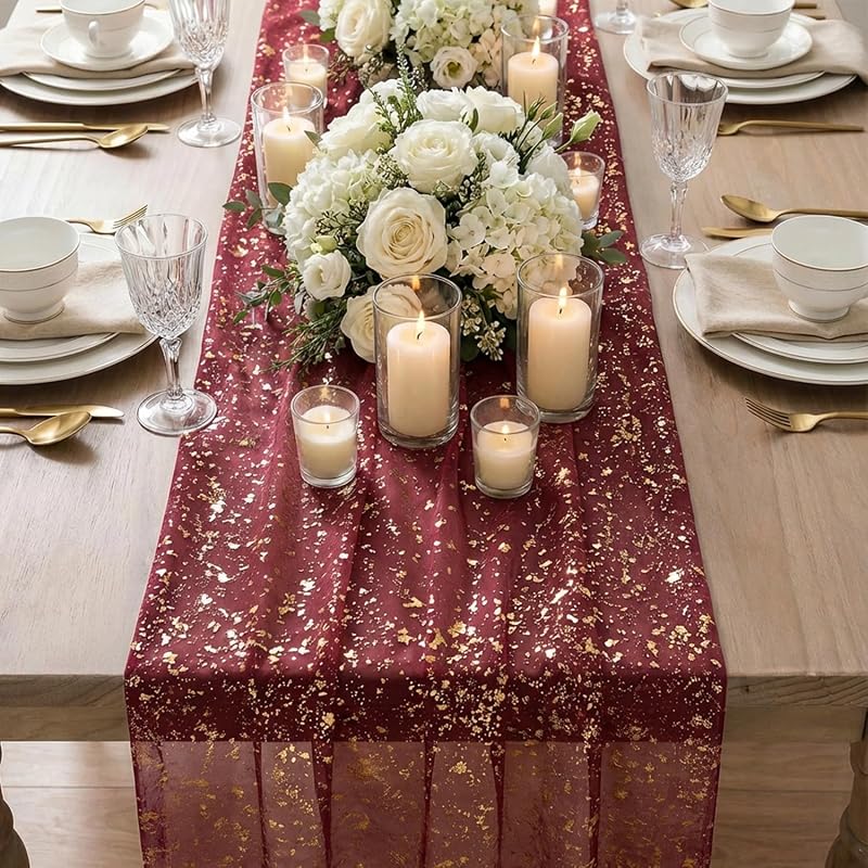 Artoid Mode Burgundy Gold Gauze Table Runner 120 Inch - 28 x 120 in, Glitter Foil