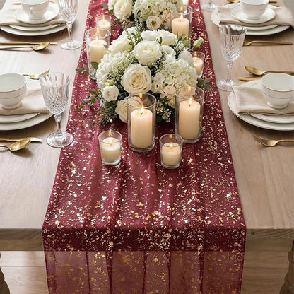Artoid Mode Burgundy Gold Gauze Table Runner 120 Inch - 28 x 120 in, Glitter Foil