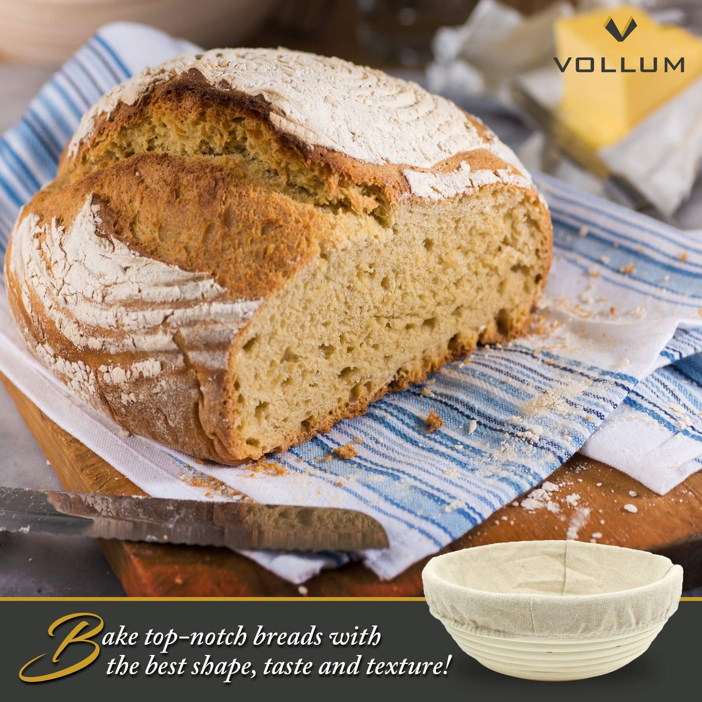 Vollum Bread Proofing Basket Banneton Baking Supplies for Beginners & Professional Bakers, Handwoven Rattan Cane Bread Maker with Linen for Artisan Breads, 9.5 x 4.25 Inch, 2-Pound Round Brotform