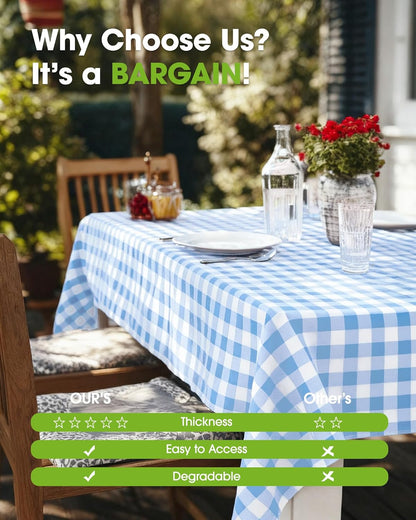 Pureegg Disposable Plastic Tablecloths - 8 Pack, 54 x 108 Inch, Leakproof Blue & White Gingham Design