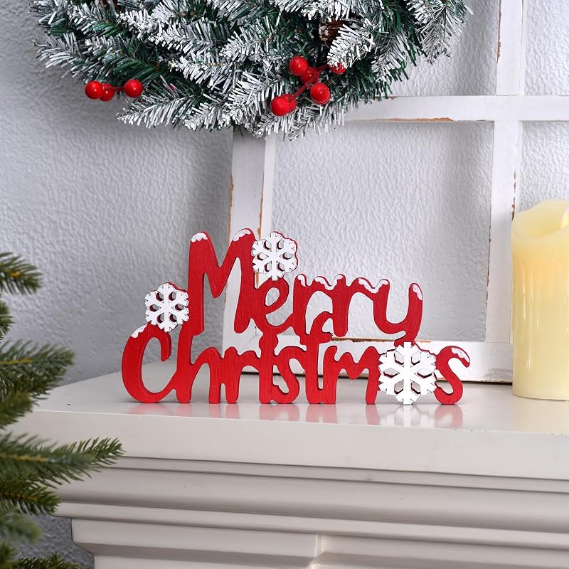 Red Merry Christmas Sign - Freestanding Wooden Tabletop Decor with 3D Snowflakes (Variation: Red)