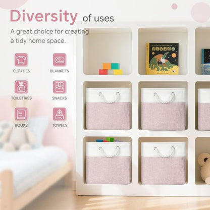 FinishingBo Cube Storage Bins - 6 Pack 11x11 Inch with Cotton Handles for Closet & Shelves | White/Pink