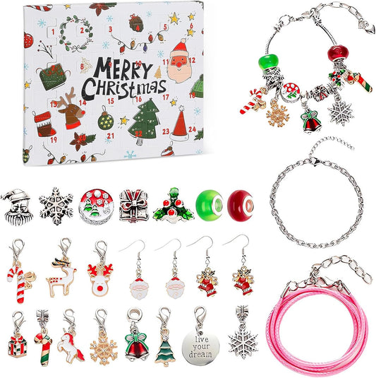 Skiennix Christmas Advent Calendar Bracelets 2024 - 24-Day Countdown with 22 Charm Beads & 2 Bracelets for Girls & Teens (Silver)