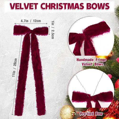 Burgundy Velvet Christmas Bows - 20 Pcs Large Pre-Tied Handmade 4.7 x 11 Inch Gift Wrap Decor