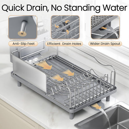 Skiennix Dish Drying Rack - Large Capacity Stainless Steel Kitchen Organizer with Auto Drain Spout | Gray
