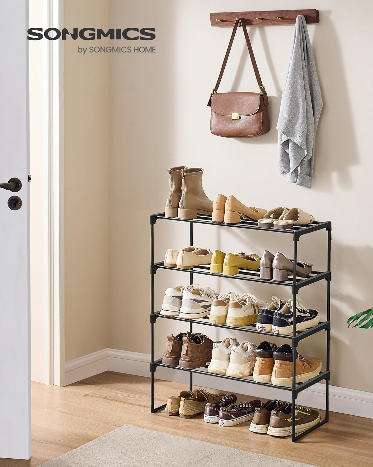 SONGMICS 4-Tier Shoe Rack - Stackable Metal Organizer for 10-15 Pairs | Black, 11.8 x 26.8 x 28.4 Inches