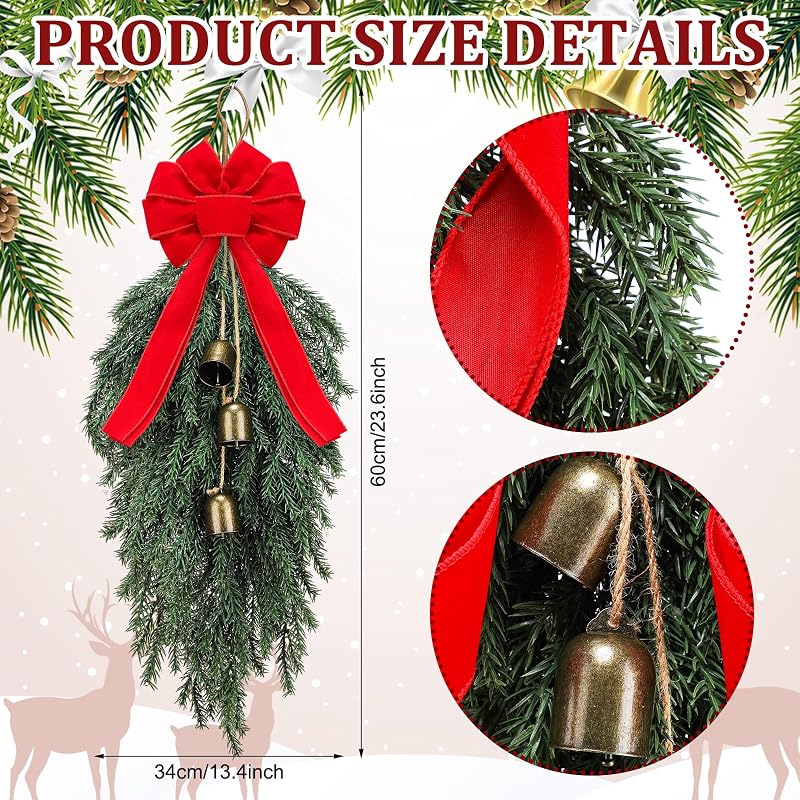 Dingion 23.6in Teardrop Christmas Swag with Bells & Red Bow - Faux Spruce Variation of THIS listing Faux Spruce
