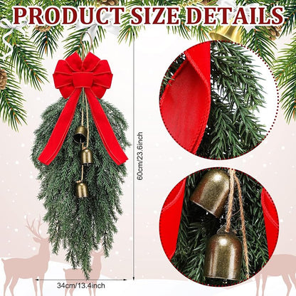 Dingion 23.6in Teardrop Christmas Swag with Bells & Red Bow - Faux Spruce Variation of THIS listing Faux Spruce