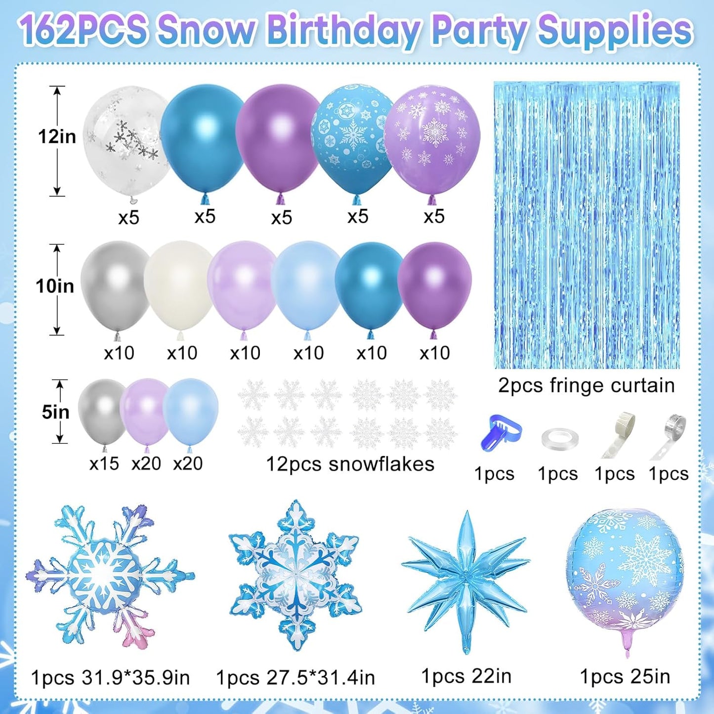Amandir Snow Birthday Party Supplies - 162PCS Balloon Garland & Fringe Curtain | Winter Wonderland Decor