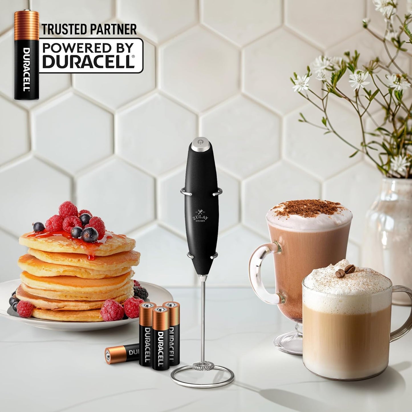 Zulay Kitchen Milk Frother Wand - Ultra Fast Handheld Electric Whisk for Coffee & Lattes - Metallic Black