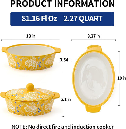 Skiennix Ceramic Casserole Dish With Lid - Versatile Oval Baking Pan for Lasagna & Bread - Yellow