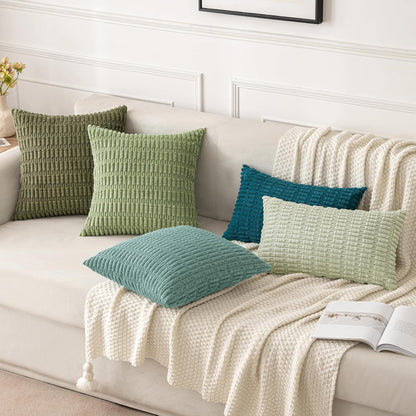 MIULEE Corduroy Throw Pillow Covers - Soft Boho Striped Design, 20x20 Inch, Teal Green for Modern Farmhouse Decor