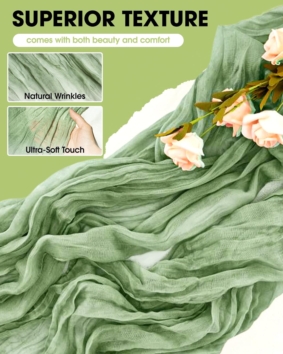 Pureegg Table Cloth Set - 8 Waterproof Disposable Tablecloths (54"x108") & 2 Cheesecloth Runners (35"x120") | Elegant White & Sage for Parties, Picnics & Weddings