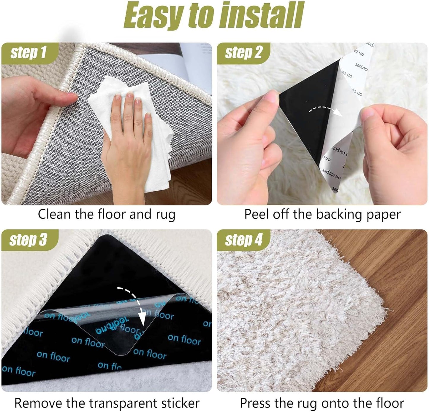 Rug Tape by [Brand Name] - Non-Slip Double-Sided Adhesive for Hardwood Floors | 12 Pcs, No Residue