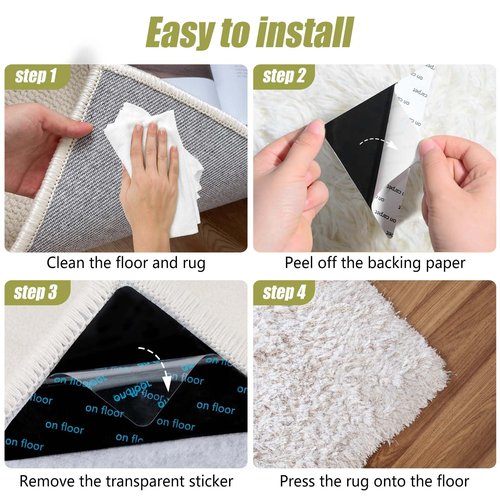 12 Pcs Rug Tape, Non Slip Carpet Tape for Hardwood Floors, Double-Sided Adhesive Rug Stickers Keep Corners Flat, No Residue/BPA-Free