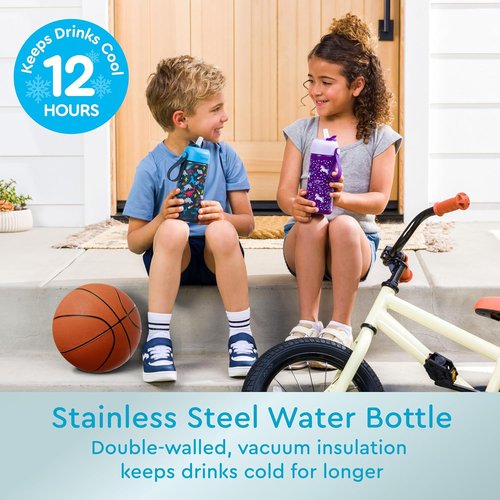 Bentgo® Kids Stainless Steel Water Bottle - Leak-Proof & Insulated, Keeps Cool 12 Hours | 14 oz. Dinosaur Design for Ages 3+