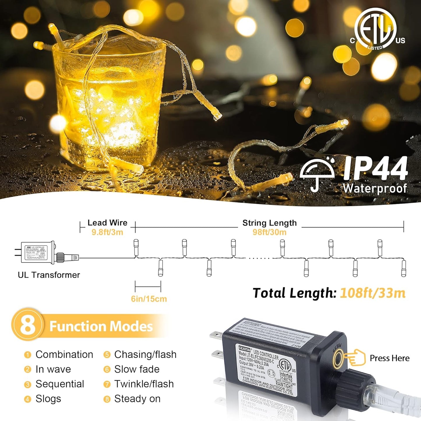 YOUNGAR 98FT Outdoor String Lights - 200 LED Fairy Twinkle Lights with 8 Modes | Warm White for Home, Garden, Party Decor